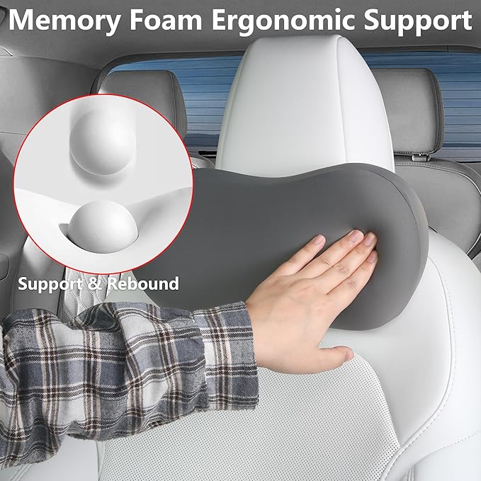 2 Pack Car Headrest Pillow for Neck Support, Breathable Ergonomic Design, Memory Foam Car Headrest Cushion Relieve Neck Pain, Universal Fit Cars SUV Sedan Home Office (Grey)