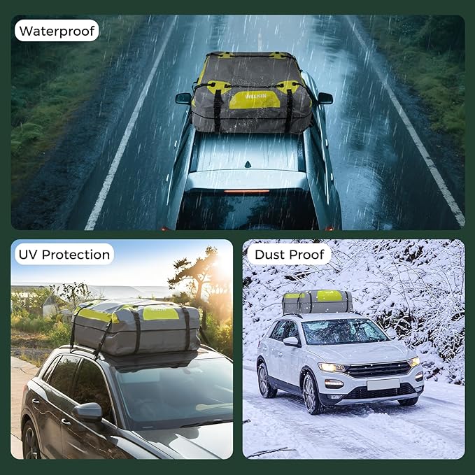 WELKIN Heavy Duty Rooftop Cargo Carrier Bag - 15 Cubic Waterproof Car Roof Bag for All Vehicles with/Without Rack - Includes Anti-Slip Mat, 6 Door Hooks, TSA Lock & Storage Bag - Reinforced Straps