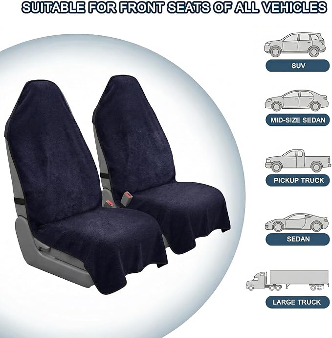 Car Seat Towel Cover, 2pcs Universal Front Seat Protector for Cars, SUVs and Trucks, Sweat Towel Car Seat Cover for Gym, Yoga, Swimming, Pets and Family Travel, Navy