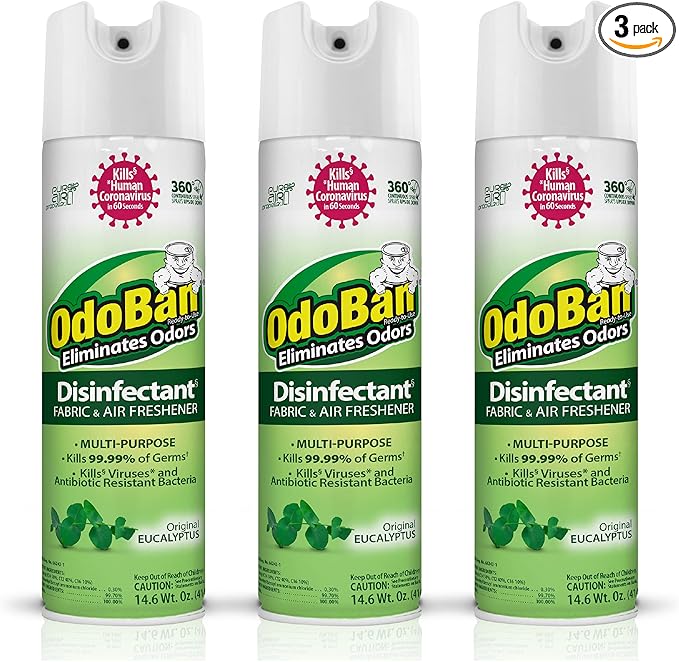 OdoBan Ready-to-Use 360-Degree Continuous Spray Disinfectant and Harsh Aroma Eliminator, Fabric and Air Freshener, 3 Pack, 14.6 Ounces Each, Original Eucalyptus Scent Clear