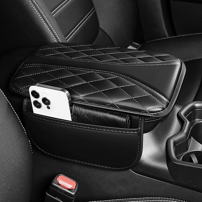 Car Center Console Cover Fit for Jeep Compass 2018-2025 - Leather Armrest Covers with 2 Storage Pockets(Black)