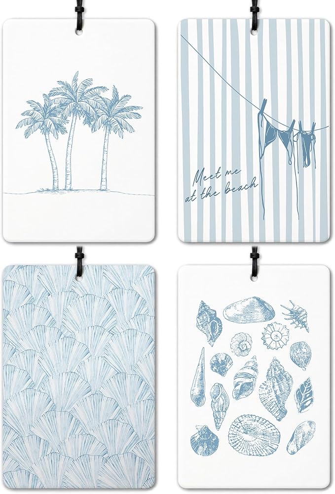 Blue Coastal Beach Car Air Freshener 4 Pcs, Preppy Girly Beachy Seashell Starfish Palm Tree Hanging Air Freshener for Closet Drawer Books, Cute Summer Sea Car Accessories Mirror Decor for Women