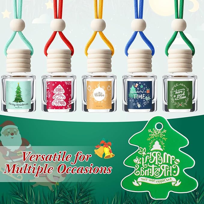 Boao 30 Pcs Christmas Employee Appreciation Gifts Hanging Car Air Freshener Diffuser Bottles Bulk Empty Perfume Glass Bottle Pendant with Christmas Tree Cards & Stickers for Essential Oil Fragrance