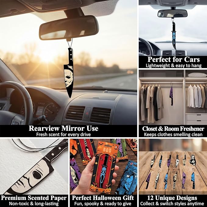 12Pcs Car Air Fresheners Horror Movie Style, Classic Character Knife Design Hanging Scent Cards for Rearview Mirror, Gothic Creepy Decor, Halloween Christmas Gift. (Horror Knife)