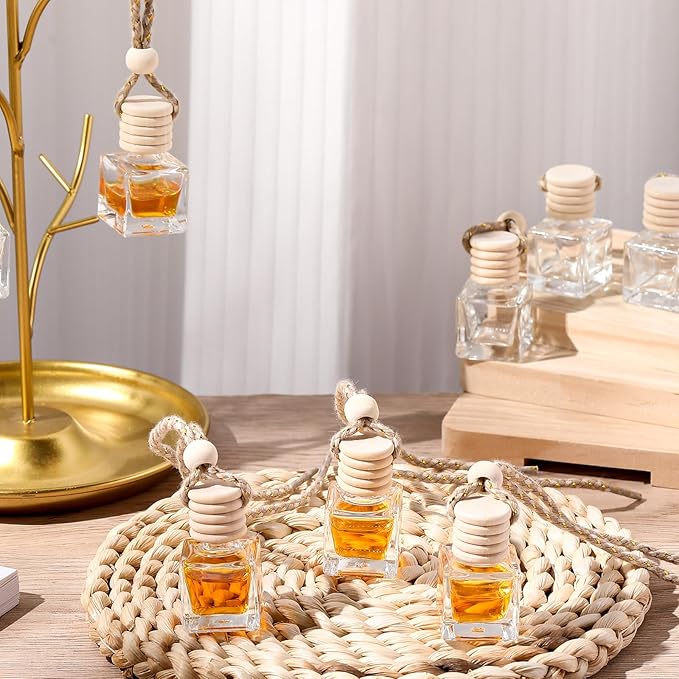 Zubebe 300 Pcs 8ml Hanging Car Air Freshener Diffuser Bottle Bulk Empty Clear Glass Perfume Bottles Refillable Aromatherapy Essential Oils Pendant for Auto Interior Ornaments Decoration (Cube)