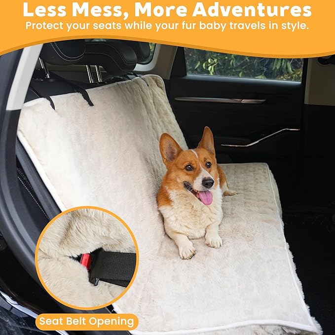 Dog Car Seat Cover for Back Seat & Front Seat, Plush Faux Fur Pet Car Seat Protector with Waterproof Layer, Non-Slip Bottom, Side Flaps, Machine Washable (Back Seat Beige)