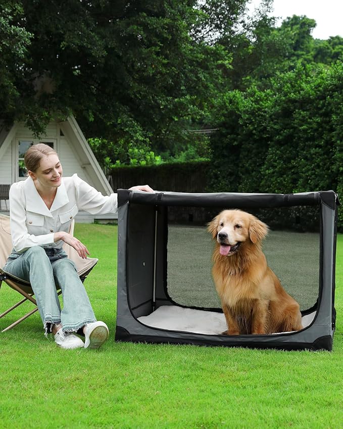42" L x 31" W x 31" H Collapsible Travel Dog Crate, Quick-Setup Portable Soft Dog Kennel for Large Dogs up to 90 lbs, 4-Door Foldable Travel Crate with Storage Bag, Grey