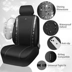 CAR PASS Oxford Bling Diamond Car Seat Cover 2 Front Interior Sets, Waterproof Universal Shining Glitter Sparkly Crystal Fit Armrest 95% Automotive Truck SUV Cute Women Girl, Black Silver Rhinestone
