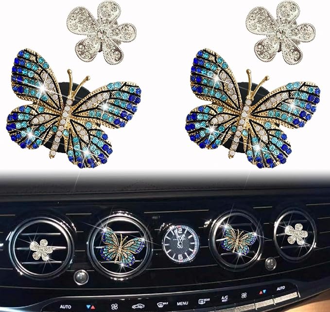 4 Pcs Blue Bling Butterfly Air Vent Clips, Crystal Daisy Car Air Fresheners Vent Clips Car Diffuser Vent Clip Rhinestone Diamond Flower Decoration Car Decor Bling Accessories for Women