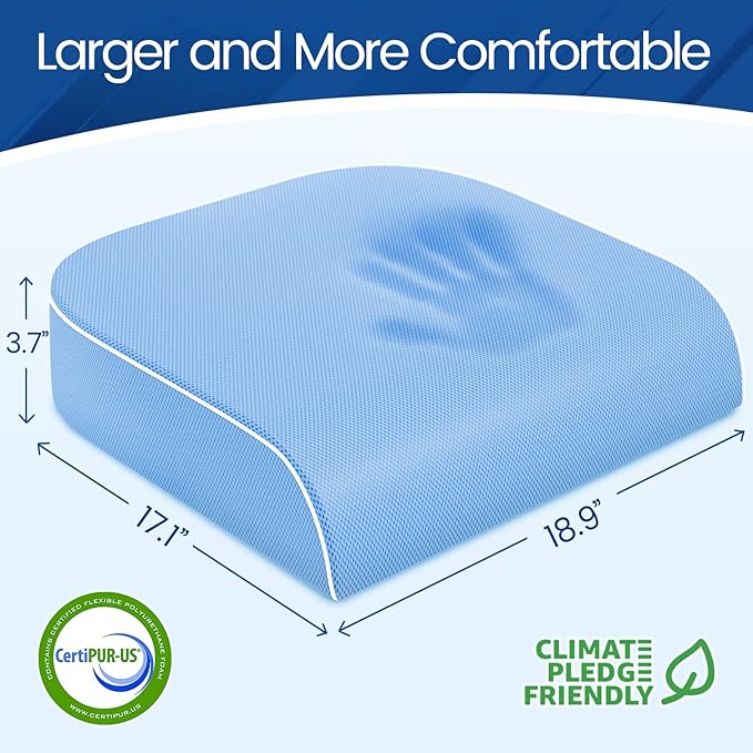 Seat Cushion for Tailbone Pain Relief, Office Chair Cushion, Memory Foam Large Chair Cushion with Non-Slip Cover for Soft Support at Office Chair, Car Seat, Airplane Light Blue/2X-Large