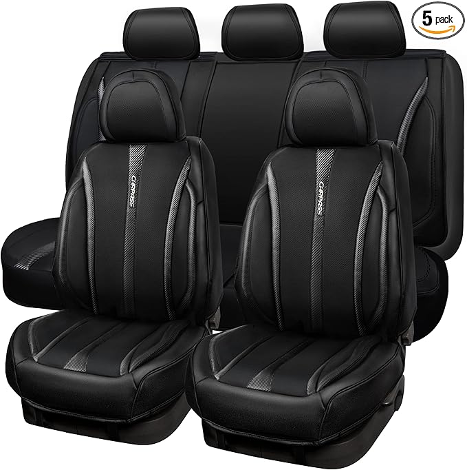 CAR PASS Nappa Leather Car Seat Covers Full Set & Carbon Fiber, Waterproof and Durable All Weather Protector, Universal Fit for SUV Pick-up Truck Sedan Automotive Vehicle Interior (5 Seats, Black)