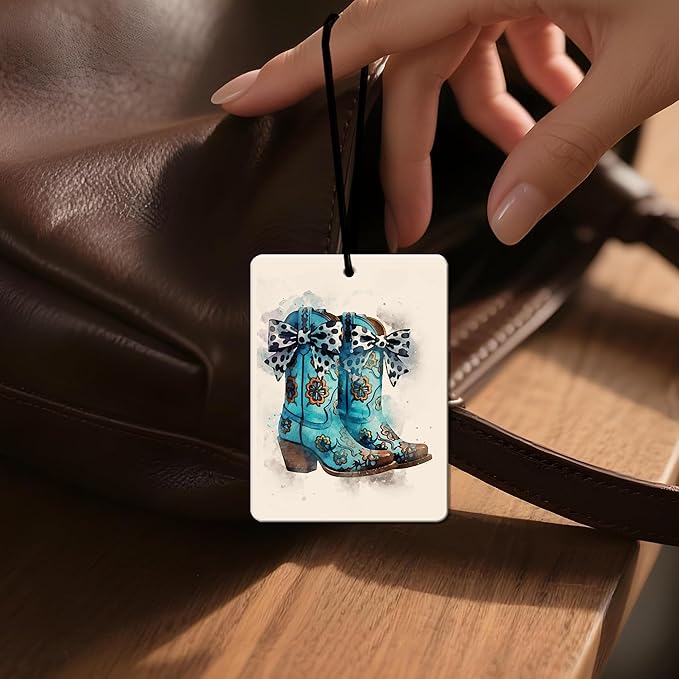 Cowgirl Car Air Freshener 4 Pcs, Watercolor Bow Hat Boot Scented Hanging Decor for Women, Vehicles Home Ranch, Western Boho Mirror Gift