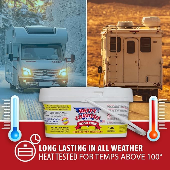 Happy Campers RV Toilet Treatment - Powerful Odor Control, Long-Lasting RV Tank Treatment - Prevents Clogs, Buildup, Sensor Failure - Keeps Holding Tank Clean & Healthy, Odor Free (130 Treatments)