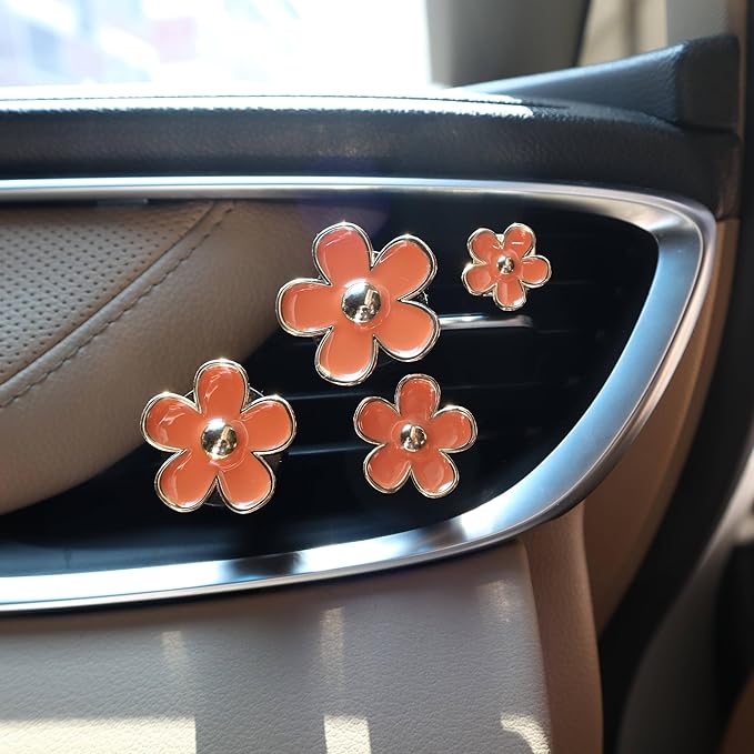 Orange Car Accessories,4pcs Coral Flowers Air Vent Clips,Refillable Car Air freshener,Girly 4 Size Sparkle Daisy Vent Clips