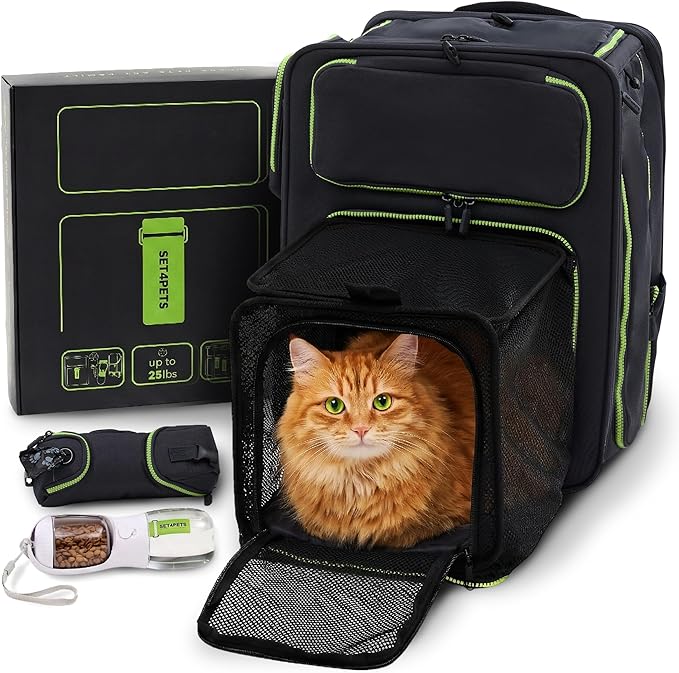 Cat Carrier Backpack for Travel & Car with Seat Belt Safety System, Expandable Pet Carrier for Cats & Small Dogs up to 25 lbs, Breathable, Durable, Foldable, Travel Friendly