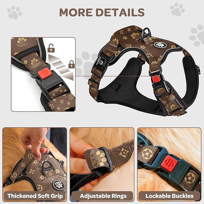 FURRYFECTION Plaid Dog Harness for Large Dogs, Reflective No Pull Adjustable Pet Vest with Front Clip, Leash, Easy Control Handle and Seat Belt, Dark Brown, XL