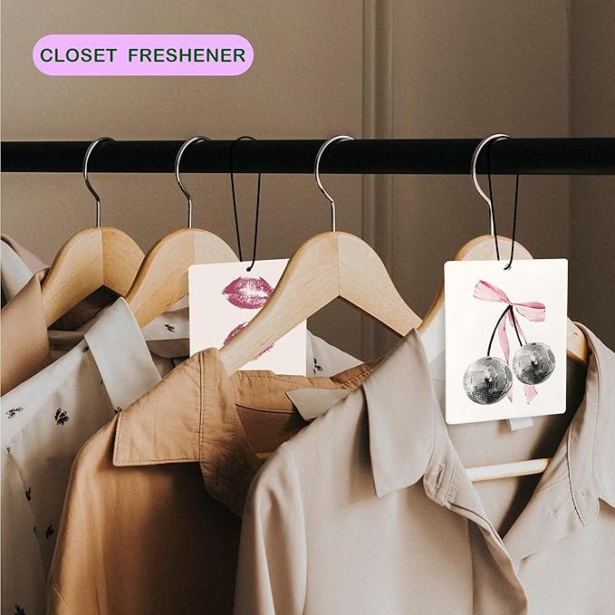 Cute Pink Air Freshener for Car, Coquette Pink Bow Funky Y2K Disco Ball Ace Card Lips Air Freshener Hanging 3 Pcs for Cars Closet Drawer or Books, Girly Preppy Car Mirror Decor for Women