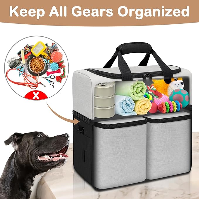 Mancro Dual Layers Dog Travel Bag, Pet Travel Bag with 2 Extra Large Food Containers, 2 Collapsible Dog Bowls, Multi-Pockets Tote Organizer for Pet Essentials for Dogs, Black