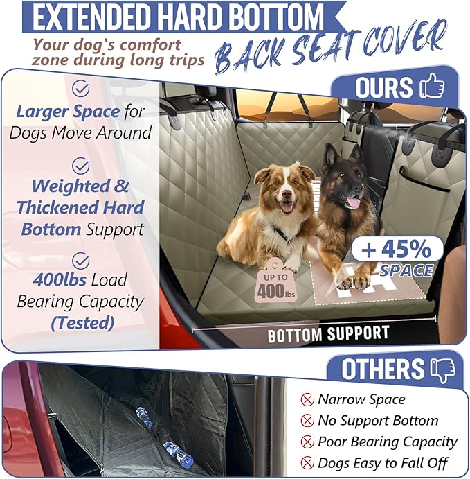 Back Seat Extender for Dogs Truck-Large Space, Dog Pet Seat Cover Back Seat Hard Bottom Holds 400lb, Waterproof Dog Hammock for Crew Cab Trucks F150, RAM1500, Sierra, Tundra, Silverado, Khaki