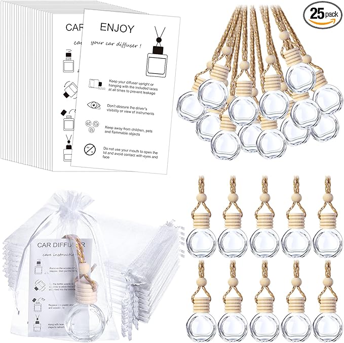 Boao 25 Sets Hanging Car Air Freshener Diffuser Bottles Empty Bulk with Car Diffuser Instruction Cards Organza Bags Glass Refillable Essential Oil Fragrance Aromatherapy Pendant (Round,Clear)