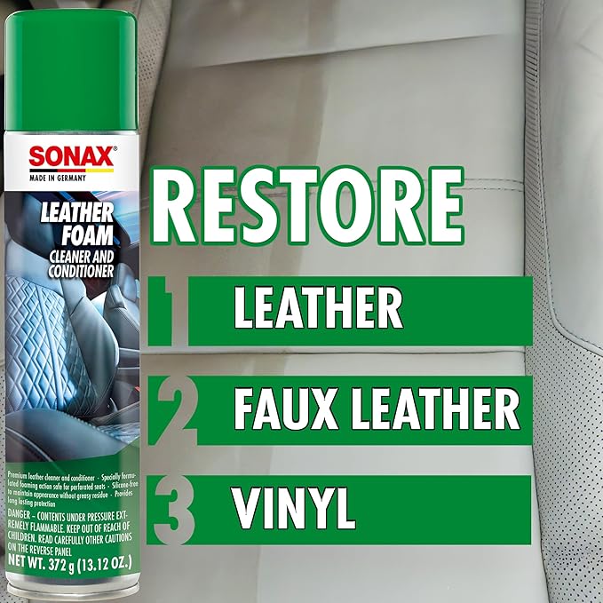 SONAX Leather Foam 289300 | 2 in 1 Aerosol Leather Cleaner and Conditioner | Safe to Use on Perforated Air Conditioned/Heated Seats | UV Protection Prevents UV Damage | 13.02 oz