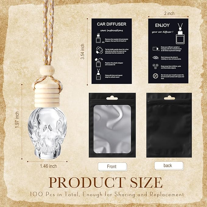 Boao 100 Sets Hanging Car Air Freshener Diffuser Bottles with Instruction Card and 4 x 6'' Resealable Holographic Bag for Empty Car Essential Oil Perfume Bottles Packaging (Black Card,Skull)