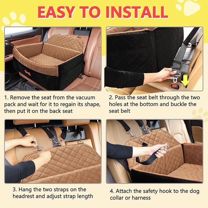 PetsHome Dog Car Seat for Medium Large Dogs, Detachable Washable Pet Booster Seat with Memory Foam Cushion, Side Pockets, 2 Clip-On Safety Leashes Pet Car Seat for Dog Up to 60 lbs/2 Small Dogs-Brown