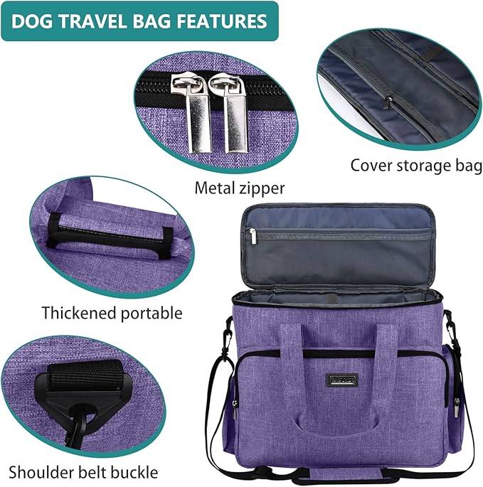 BAGLHER Dog Travel Bag, Airline Approved Pet Tote Organizer with Multi-Function Pockets, 2 X Food Storage Containers and 2 X Collapsible Bowls, Perfect Weekend Pet Travel Set for Dog, Cat Purple