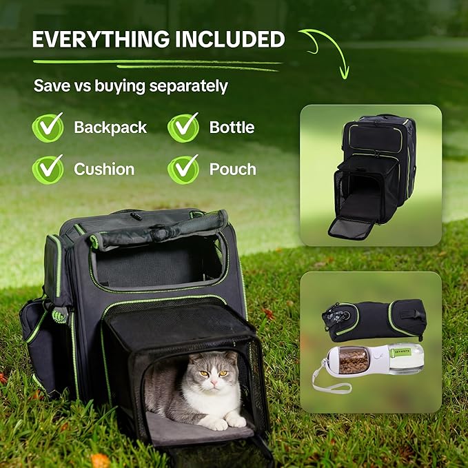 Cat Carrier Backpack for Travel & Car with Seat Belt Safety System, Expandable Pet Carrier for Cats & Small Dogs up to 25 lbs, Breathable, Durable, Foldable, Travel Friendly