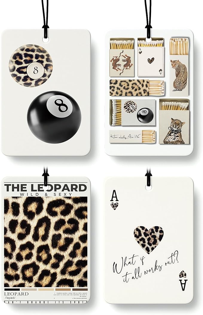 Trendy Leopard Print Car Air Freshener 4 Pcs, Funky Cheetah Print 8 Ball Ace Card Hanging Air Freshener for Cars Closet Drawer, Cheetah Girly Car Accessories Mirror Decor for Women