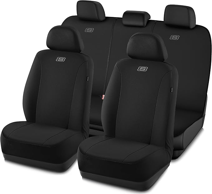Skechers Seat Covers, Premium Breathable Polyester Car Seat Covers, Car Seat Covers Full Set Airbag Compatible, Automotive Comfort for Most Cars, Vans, Trucks, SUVs (Full Set,Black)