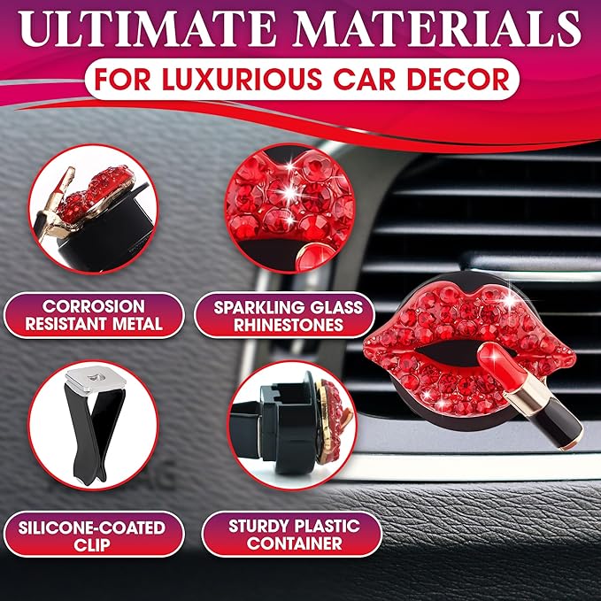 Bling Car Decor Auto Air Vent Clip Charms, Crystal Interior Car Accessory, Auto Decoration Charms, Car Bling Accessories (Red Kiss Lips)