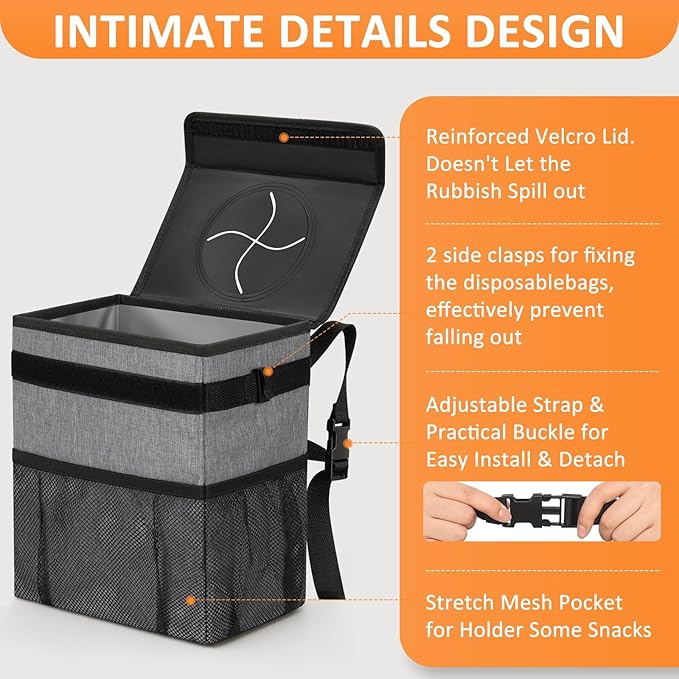 3 Gallons Car Trash Can with Lid, Car Trash Bag Bin Hanging Waterproof Automotive Garbage Cans Leak Proof Vehicle Can Grey