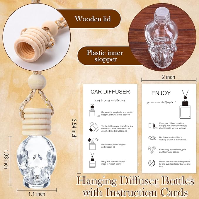 Boao 25 Sets Halloween Hanging Car Air Freshener Diffuser Bottles Empty Bulk with Car Diffuser Instruction Card Organza Bags Glass Refillable Essential Oil Fragrance Aromatherapy Pendant(Skull, Clear)
