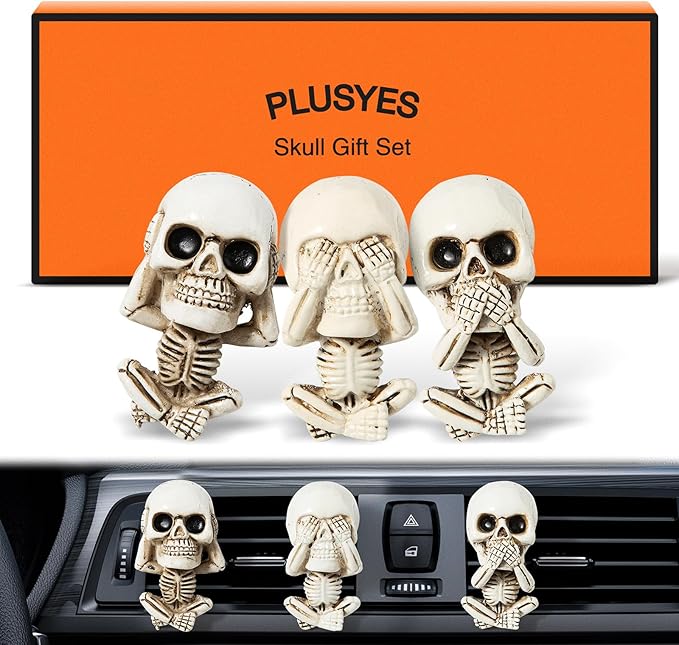 Skull Decor Car Air Freshener Vent Clips, Goth Decor Interior, Gothic Funny Decoration Halloween Horror Skeleton Car Accessories, Skull Stuff Spooky Gifts for Men Women Teens
