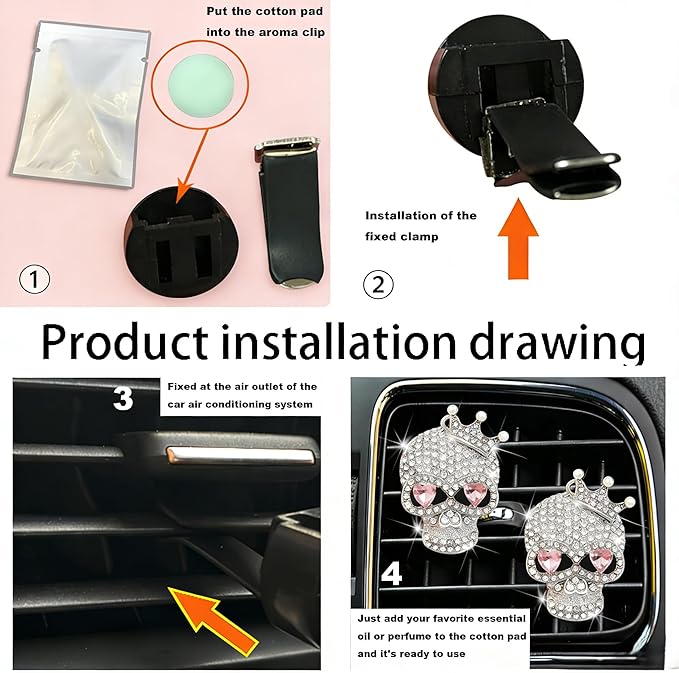 Gothic Skull Car Air Freshener Vent Clips with 2 Pads, Halloween Scented Car Accessories for Men Women, Automotive Interior Decor and Cool Car Fresheners for Men， Spooky Gift Idea-A9