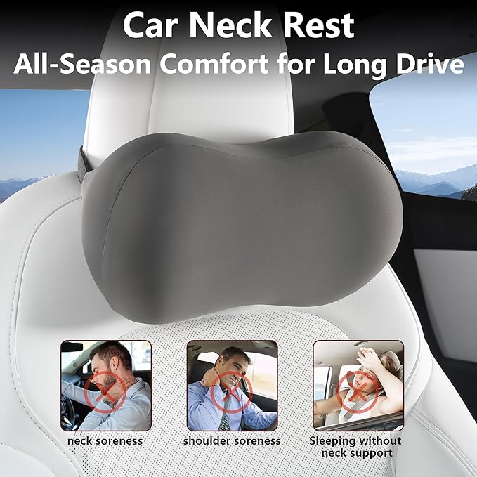 2 Pack Car Headrest Pillow for Neck Support, Breathable Ergonomic Design, Memory Foam Car Headrest Cushion Relieve Neck Pain, Universal Fit Cars SUV Sedan Home Office (Grey)