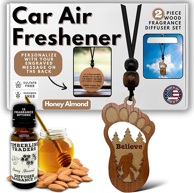 Personalized Car Air Freshener, Wood Diffuser and Fragrance Oil Set, Custom Message, Rearview Mirror Charm, Bigfoot Believe, Sasquatch, Auto Accessory for Men or Women (Honey Almond)