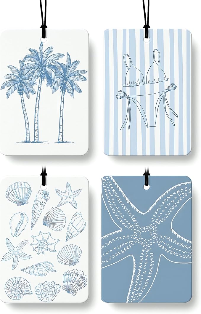 Blue Beach Car Air Freshener 4 PCs, Preppy Girly Beach Shells Starfish Palm Trees Hanging Air Freshener for Cars Closet Drawer Books, Cute Beachy Car Accessories Mirror Decor for Women