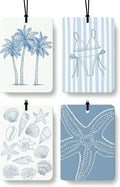 Blue Beach Car Air Freshener 4 PCs, Preppy Girly Beach Shells Starfish Palm Trees Hanging Air Freshener for Cars Closet Drawer Books, Cute Beachy Car Accessories Mirror Decor for Women