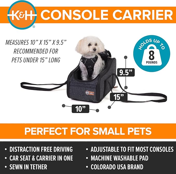 K&H Pet Products Center Console Dog Car Seat for Small Dogs & Cats, Secure Armrest Booster Pet Carrier with Safety Tether, Zippered Enclosure, 2 Pockets, Washable Plush Pad, for Pets Under 8 lbs.
