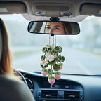 Crochet Car Air Freshener Hanging, Cute Hanging Plant for Cars, Crochet Strawberry Plant with 10ml Empty Refillable Oil Diffuser Bottle, Handmade Boho Car Ornament Charms for Rear View Mirror, Pink