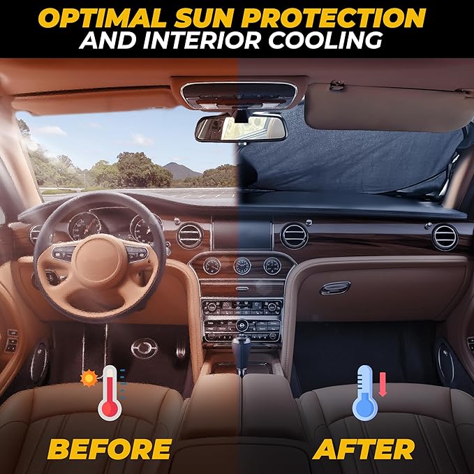Car Shade Front Windshield, Small (59" x 29") - 240T Reflective Polyester Sunshade Blocks 99% UV Rays and Heat, Foldable with Storage Bag Fits Coupe, Hatchback, Small Sedan, Sports Model Cars
