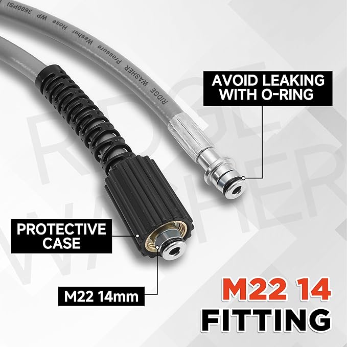 RIDGE WASHER Pressure Washer Hose 100FT, 1/4 Inch Power Washer Hose with M22 14 Fitting, Kink Resistant Hoses Replacement’s Applied for Most Pressure Washer Accessories, 3600 PSI