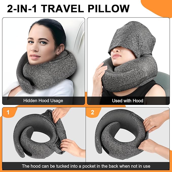 Travel Pillow - Hooded Neck Pillow Airplane Memory Foam Filling for Plane, Office, Cars Sleeping, Road Trip, Long Flights, Portable Plane Accessories, Includes Eye Mask & Earplugs (Pink)