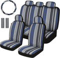 Baja Saddle Blanket Car Seat Covers Full Set with Seat Belt Pads and Steering Wheel Cover, Washable Breathable Striped Woven Cloth Seat Covers for Cars, SUV, Truck(Blue,Large)