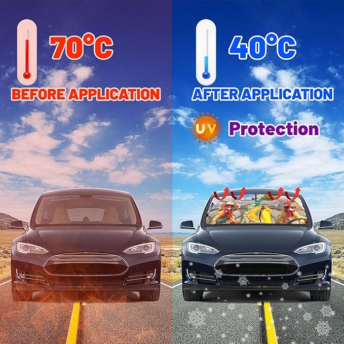 CHILL·TEK Funny Animal Car Windshield Sun Shade Umbrella, Funny Rooster Car Sun Shade Umbrella, Block UV Rays Heat Foldable Windshield Umbrella Sun Visor Protector - Keep Vehicle Cool for Cars SUV