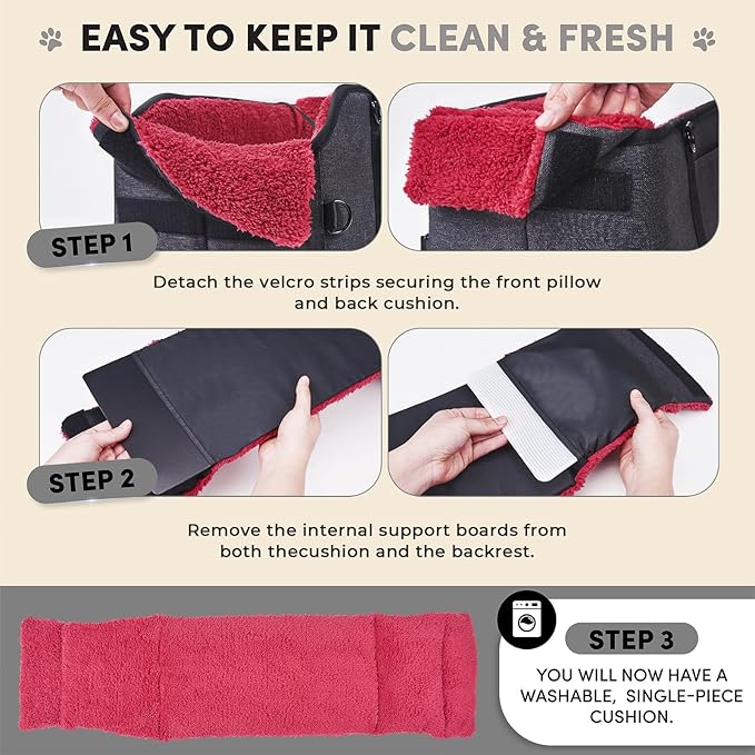 BurgeonNest Center Console Small Dog Car Seat - Portable Pet Cat Puppy Booster Armrest Carseat Up to 11lbs, Anti-Collapse Comfort Car Travel with Washable Fluffy Cushion and Pillow, Red