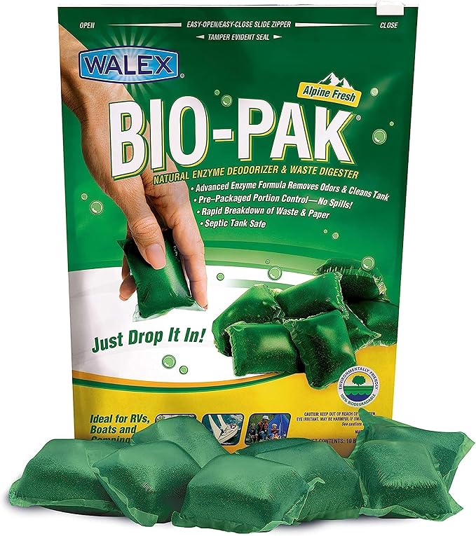 Walex Bio-Pak Black Holding Tank Deodorizer & Waste Digester Drop-Ins - Advanced Enzyme Formula for Rapid Breakdown of Waste & Paper, Removes Odors & Cleans Tank; Alpine Fresh, 10-Pack