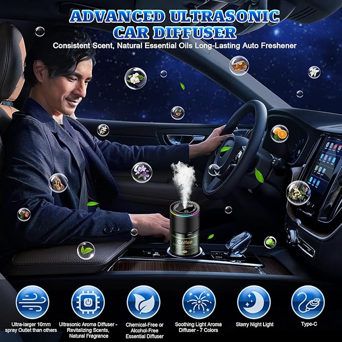 Smart Car Air Freshener Diffuser - 270-Day Long-Lasting Essential Oil (6.09oz/180ml), Auto On/Off Sensor, Ultrasonic Dual Modes, Multi-Mode Adjustable, Natural French Fragrance Oils, Coffee ﻿